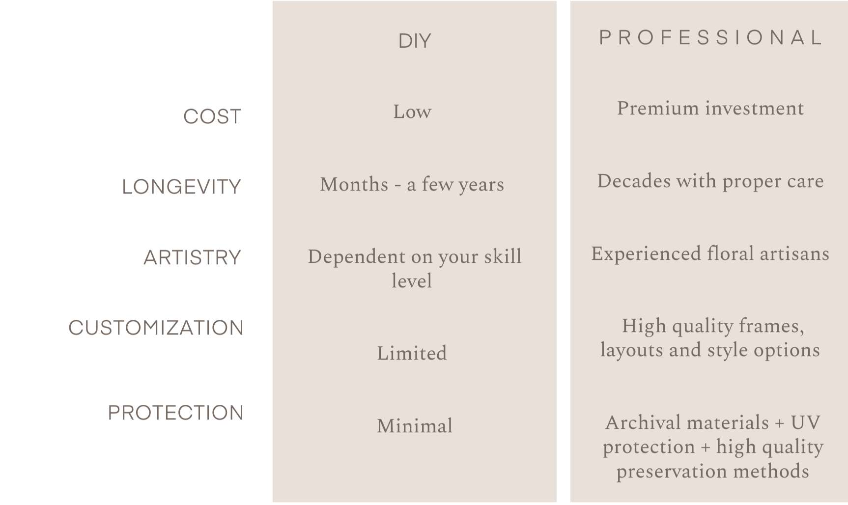 DIY vs Professional preservation chart